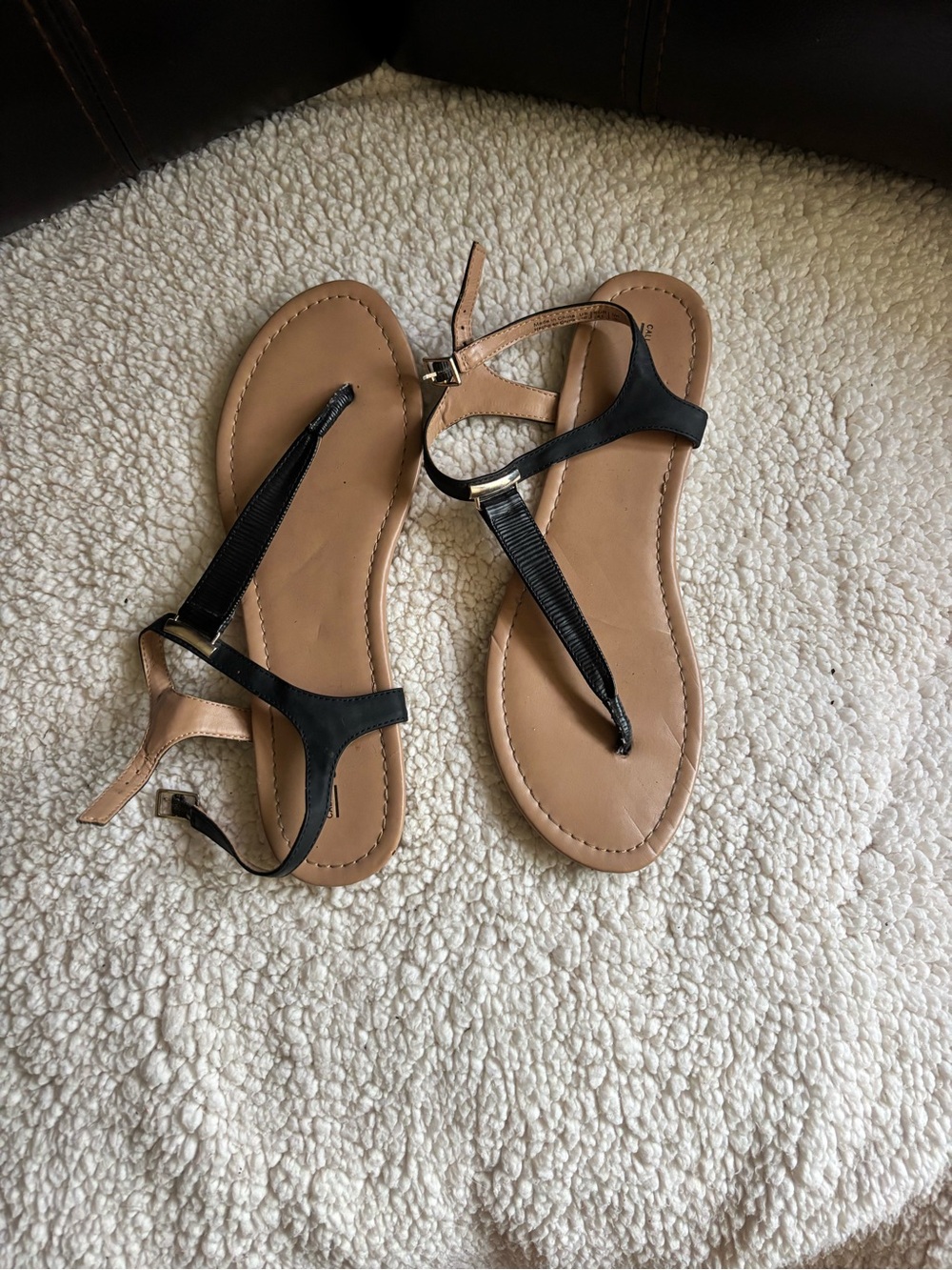 Call It Spring Black and Tan T-Strap Sandals